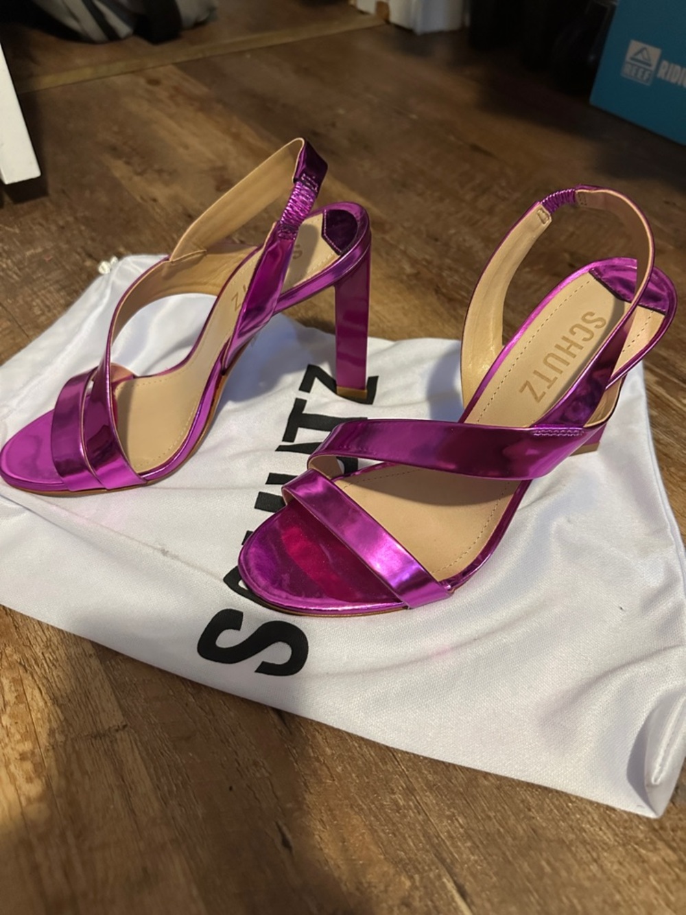 SCHUTZ Metallic Fuchsia Crisscross Slingback Heels - Picture 3 of 5